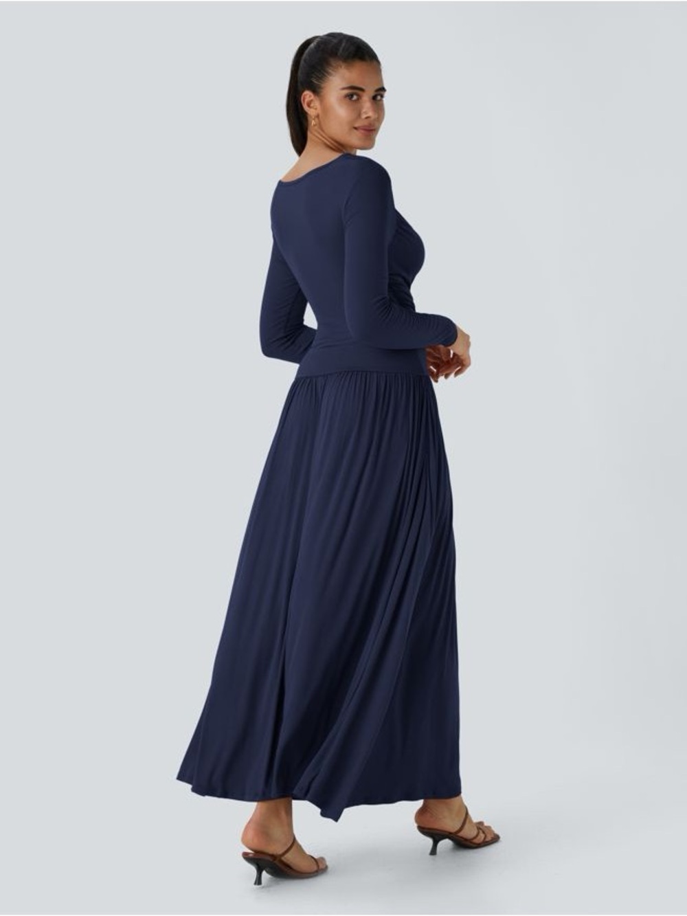 HALARA Ribbed Boat Neck Long Sleeve Ruched Pocket Flowy Maxi Casual Dress